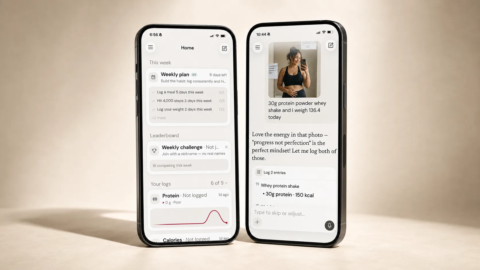 The free Pallas app on two phones — your weekly plan, and one-tap logging by chat