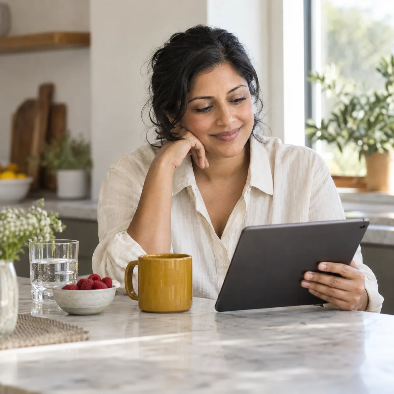 A woman in her late thirties reading at a sunlit kitchen table with a glass of water