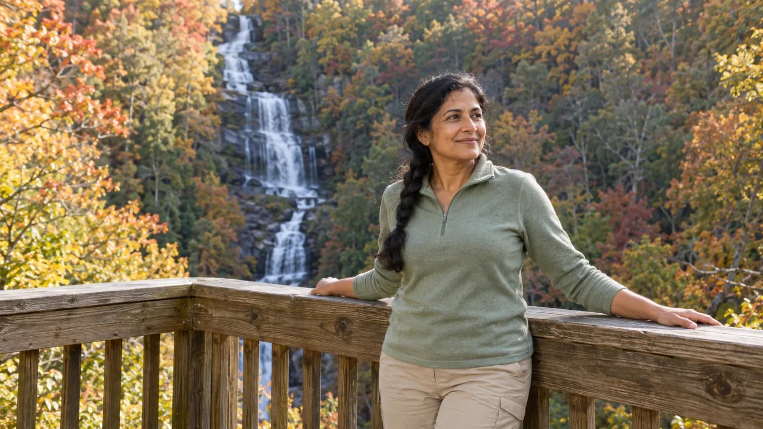 A woman at a wooden overlook facing Amicalola Falls in the North Georgia mountains