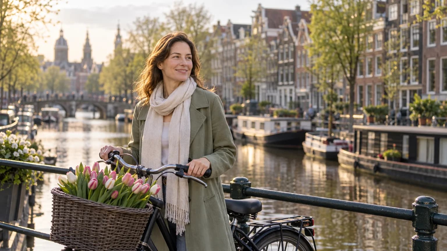 A woman with a bicycle on a canal bridge in Amsterdam