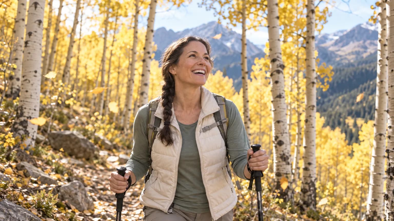 A woman hiking through a golden aspen grove in the Colorado Rockies