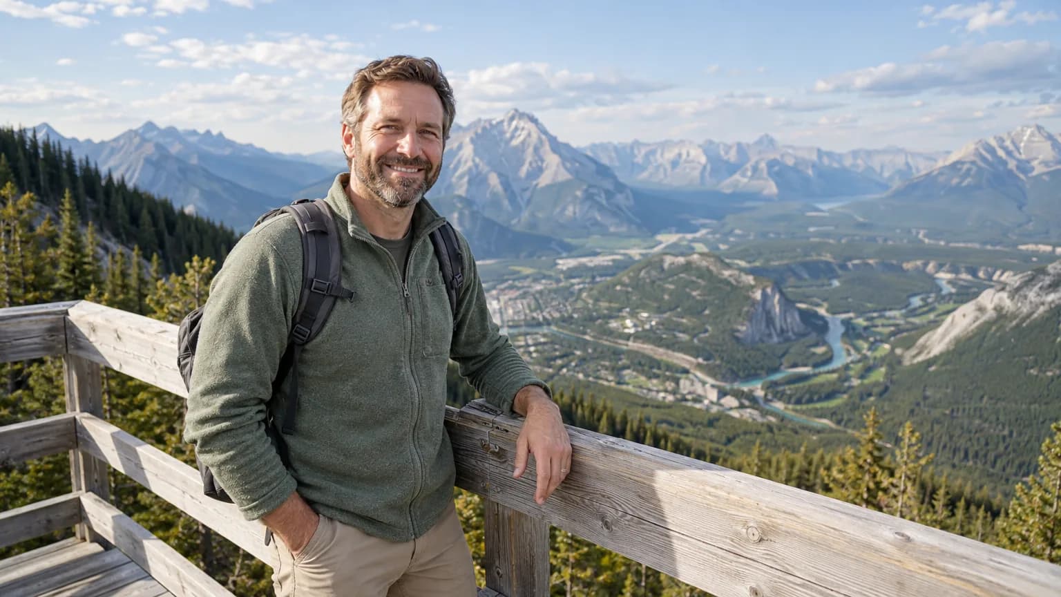 A man on the summit viewing platform of Sulphur Mountain in Banff
