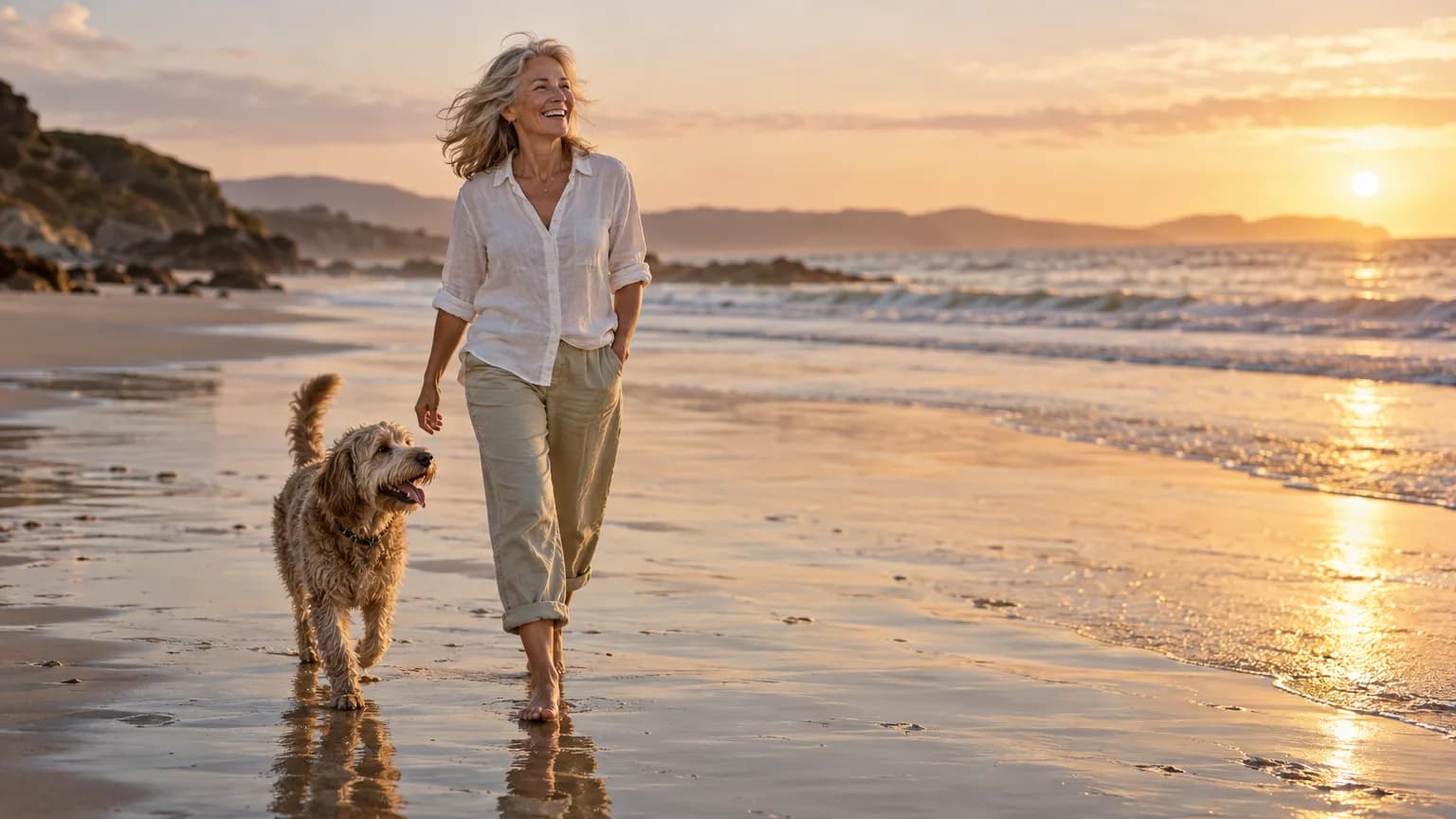 A woman in her 50s walking along a beach with her dog in late-afternoon light
