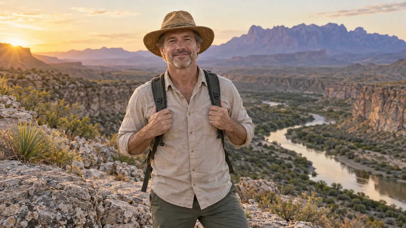 A man at a mesa overlook above the Rio Grande in Big Bend National Park