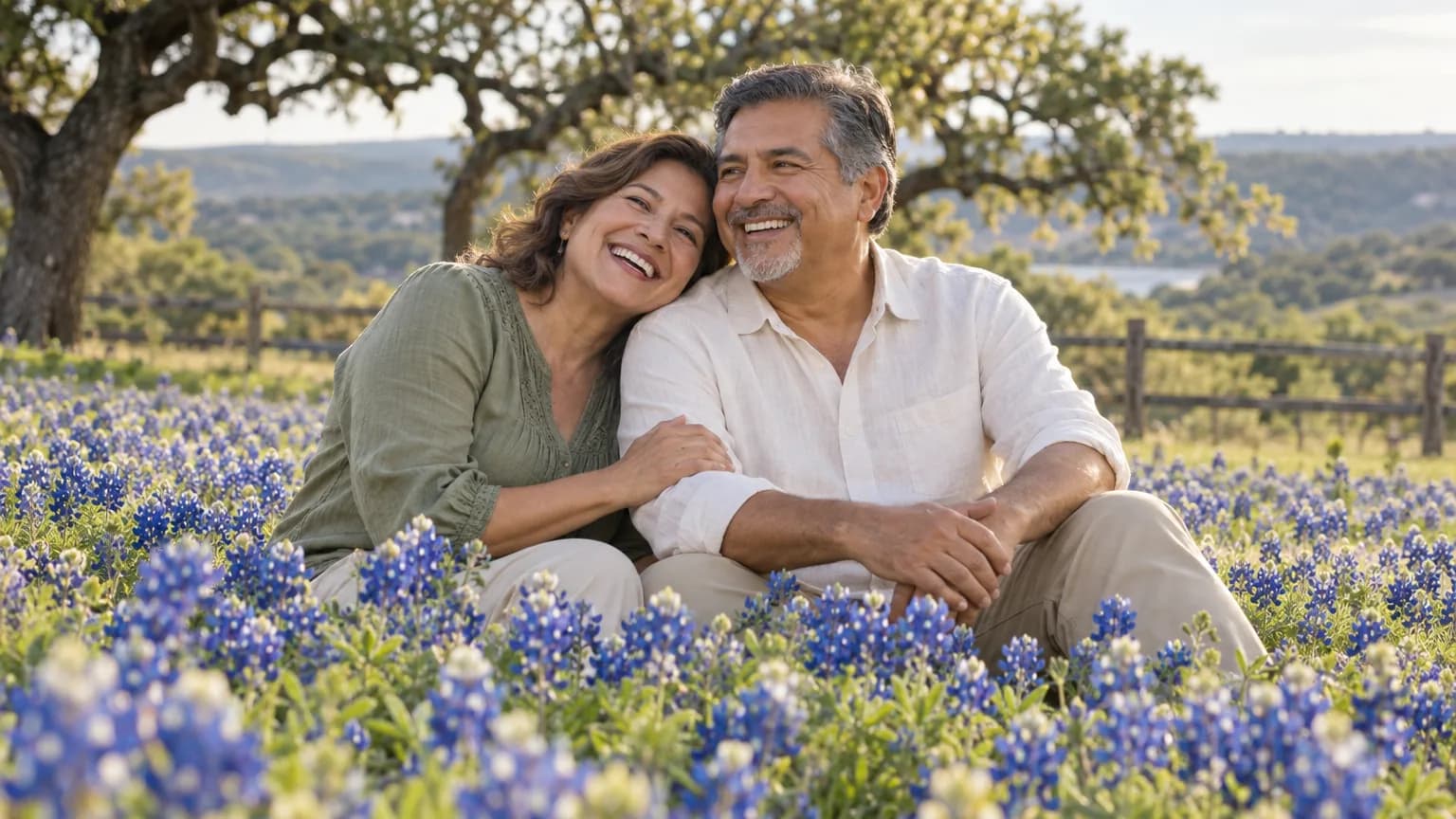 A couple sitting together in a field of bluebonnets in the Texas Hill Country