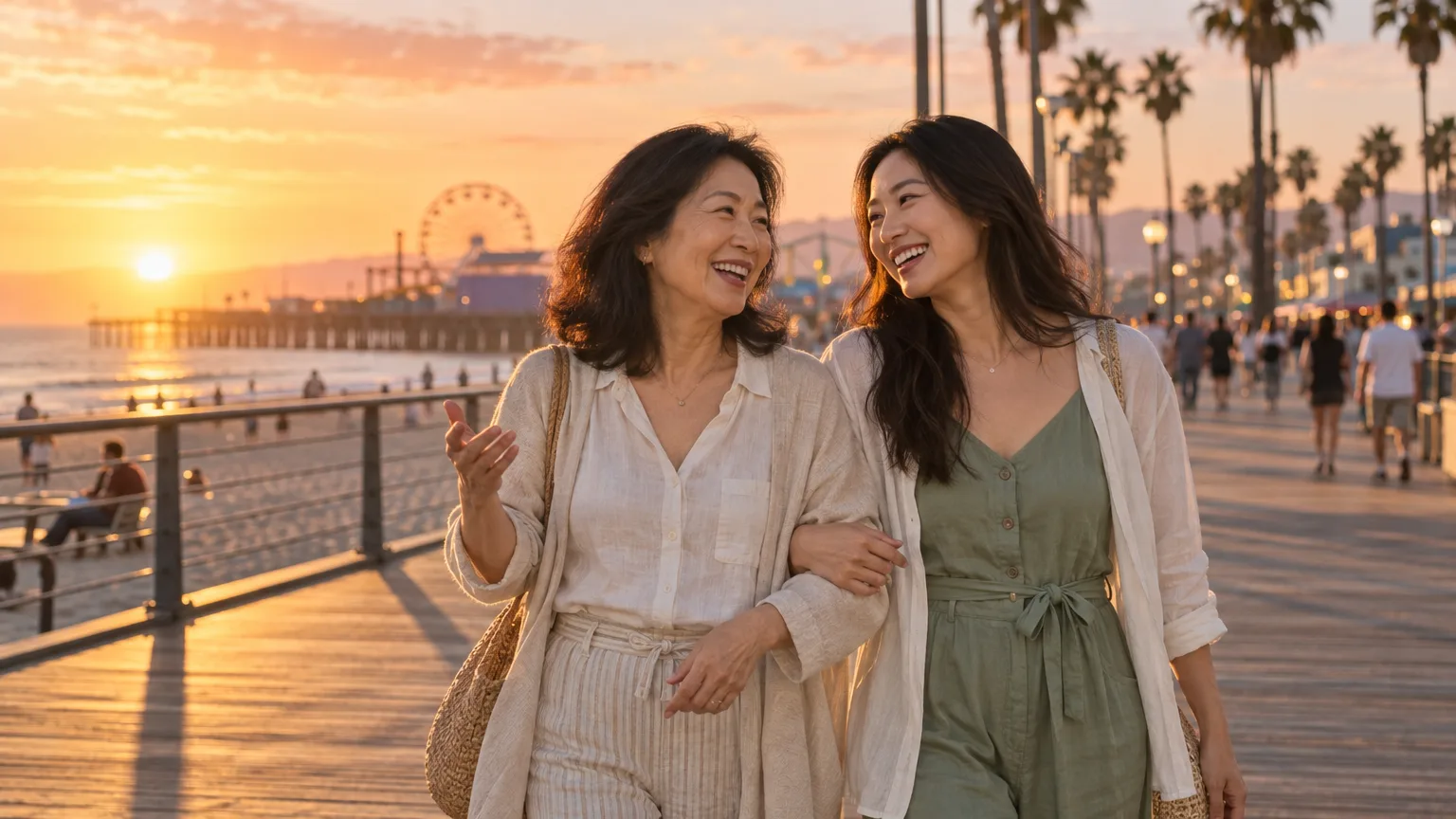 A mother and daughter walking arm in arm along a beach boardwalk at sunset