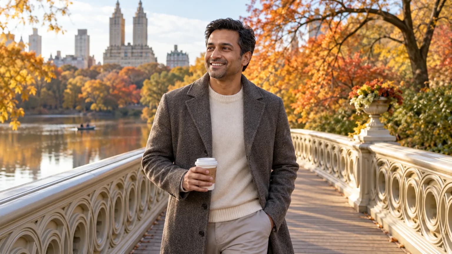 A man crossing Bow Bridge in Central Park in autumn