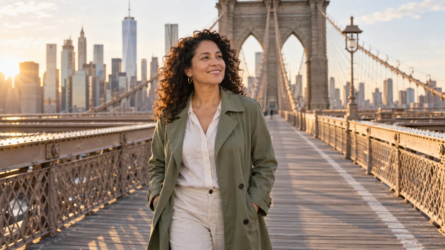 A woman walking the Brooklyn Bridge promenade in the early morning