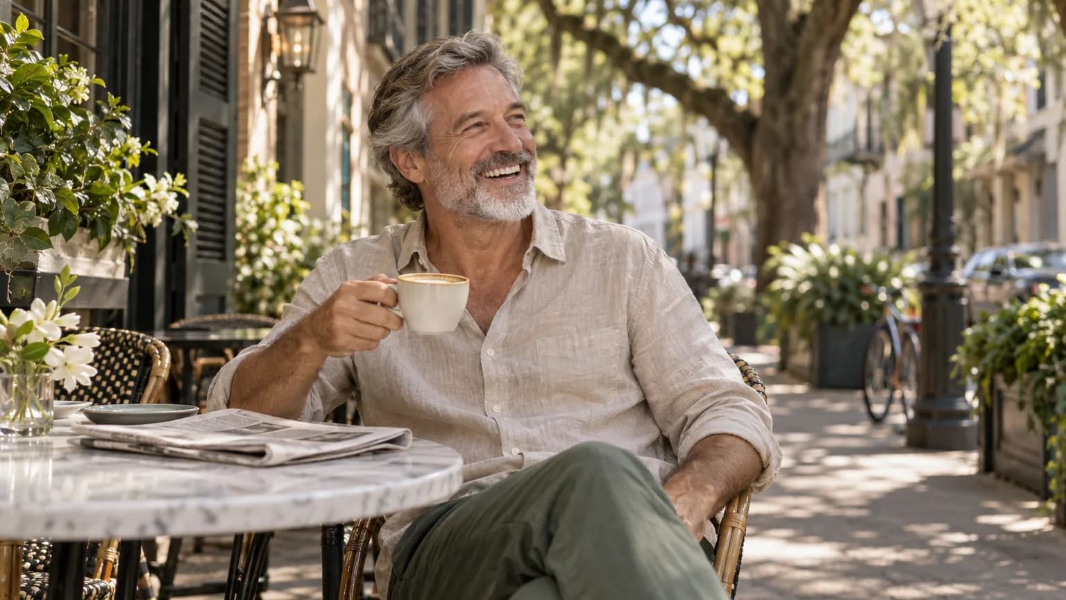 A man in his forties reading at a cafe table by the window