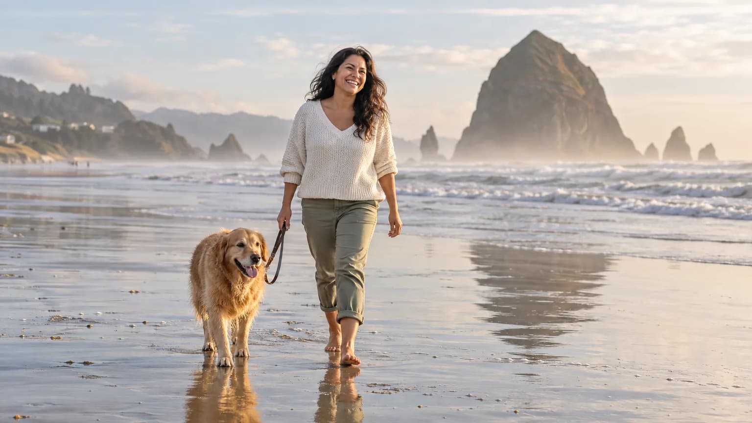 A woman walking a golden retriever on Cannon Beach with Haystack Rock in the mist