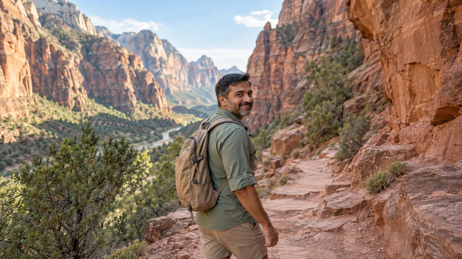 A man hiking a red-rock canyon trail in Zion in morning light