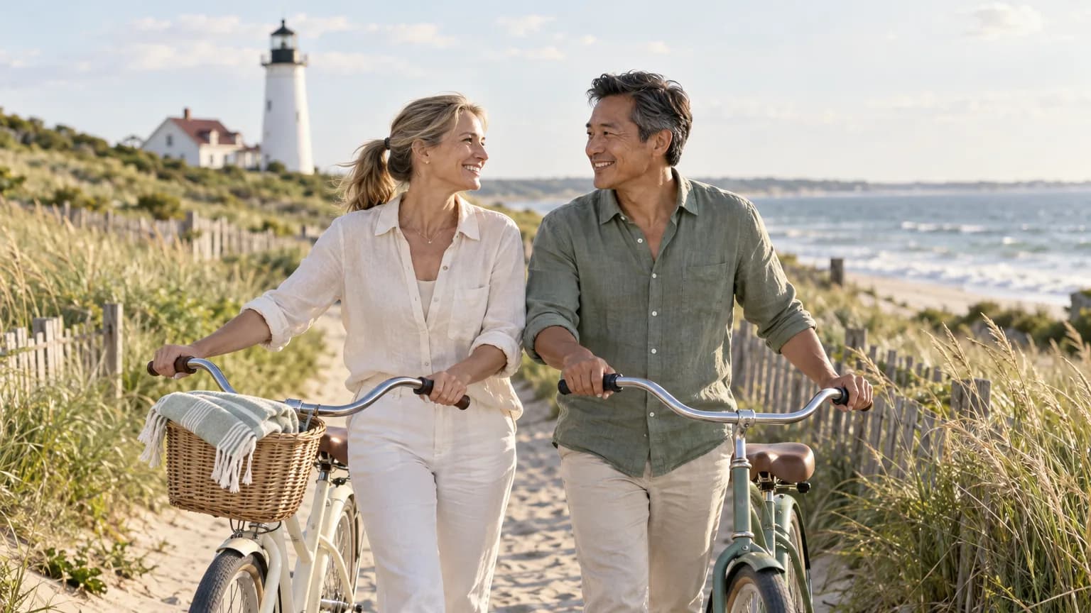 A couple walking bicycles through Cape Cod dunes near a lighthouse