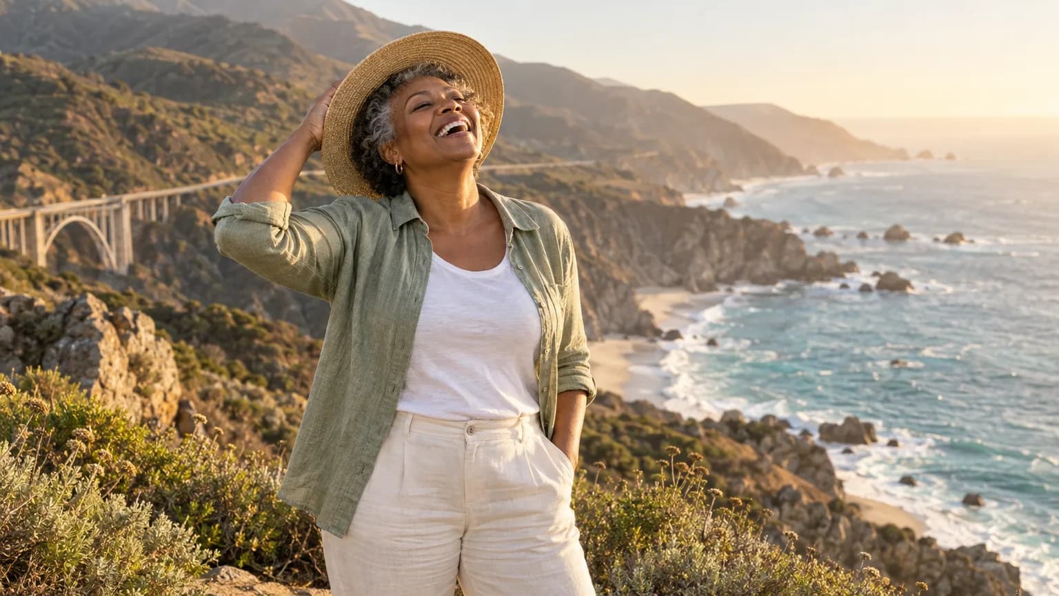 A woman laughing at a cliffside overlook on the Big Sur coast at golden hour