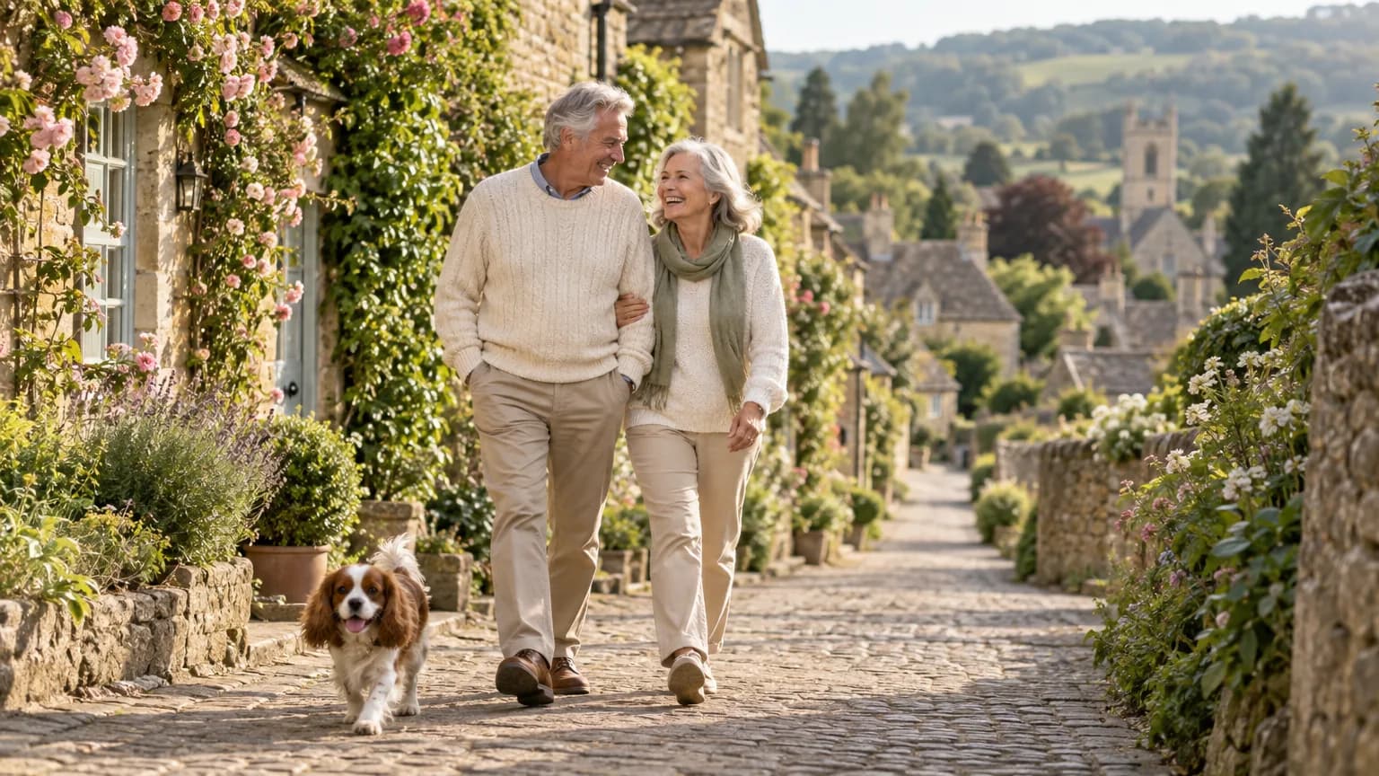 A couple walking a stone lane in a Cotswolds village with a small spaniel