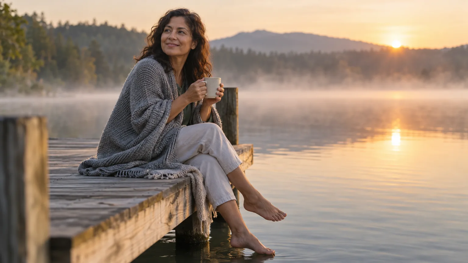 A woman having morning coffee at the end of a lake dock