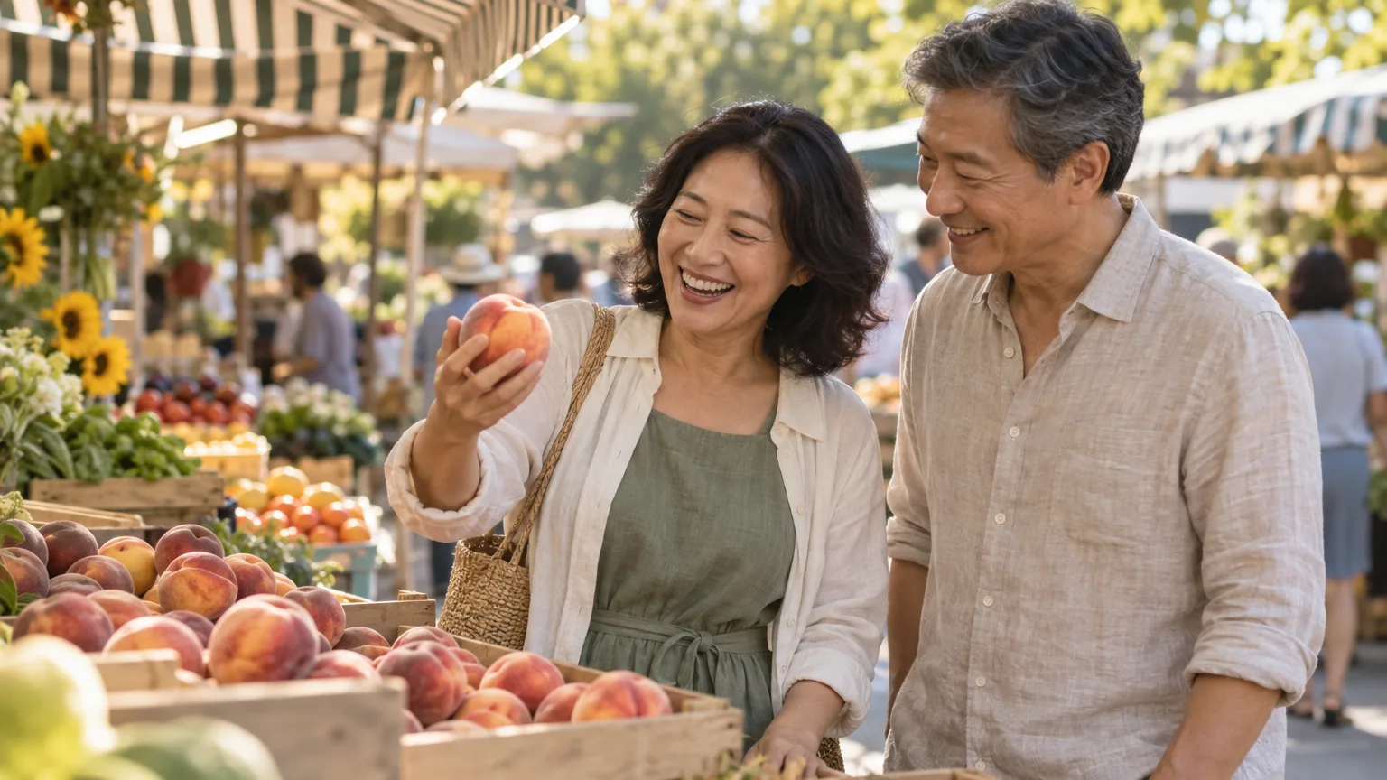 A couple selecting produce together at an outdoor farmers market