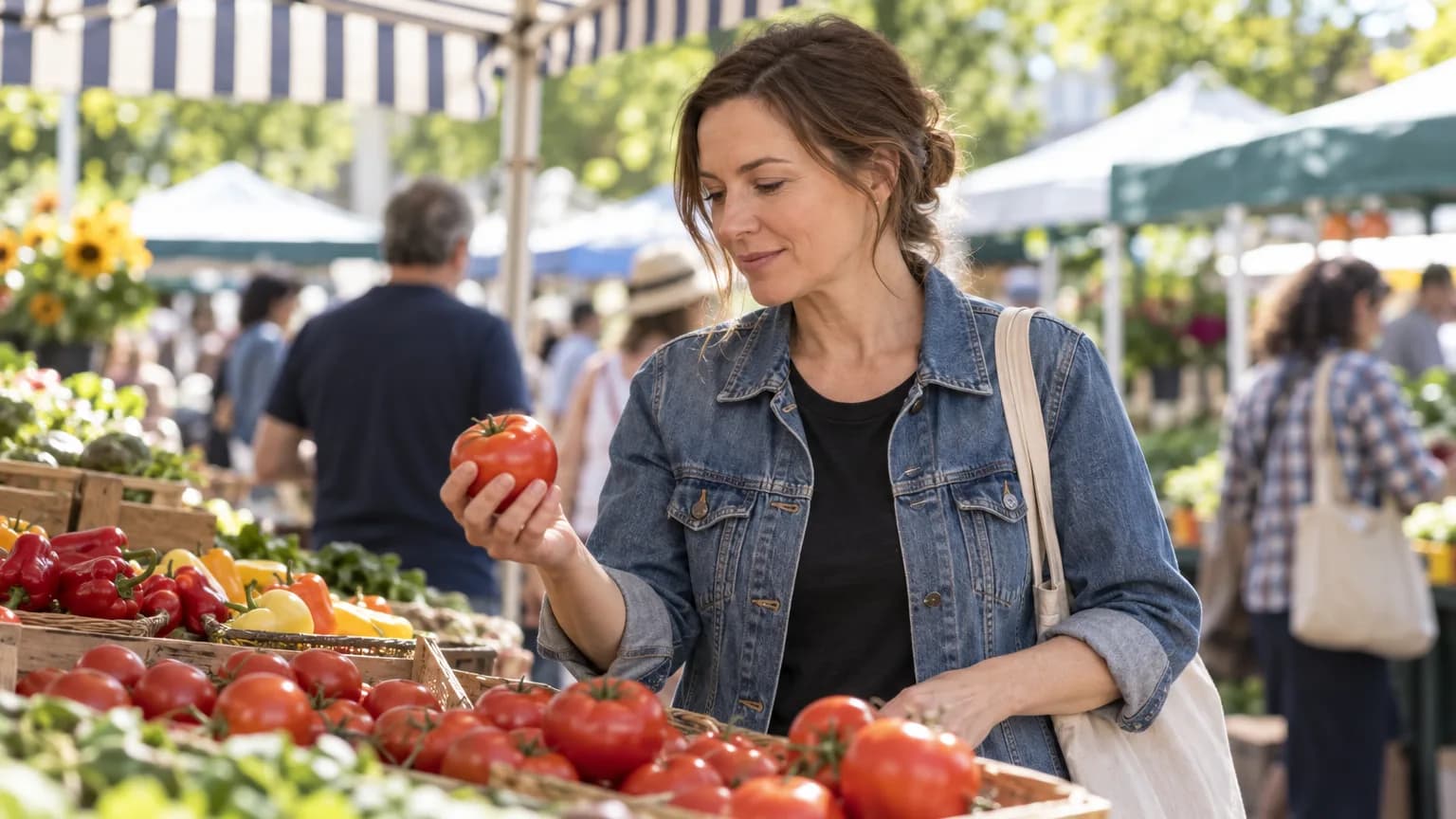 A woman weighing a tomato in her palm at a farmers market stall