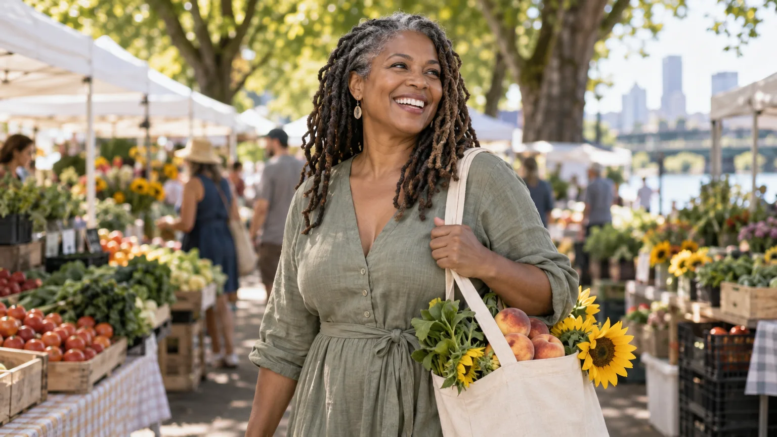 A woman carrying a tote of peaches and sunflowers through a farmers market