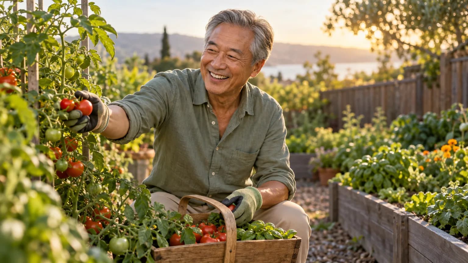A man picking ripe tomatoes in a sunny backyard vegetable garden