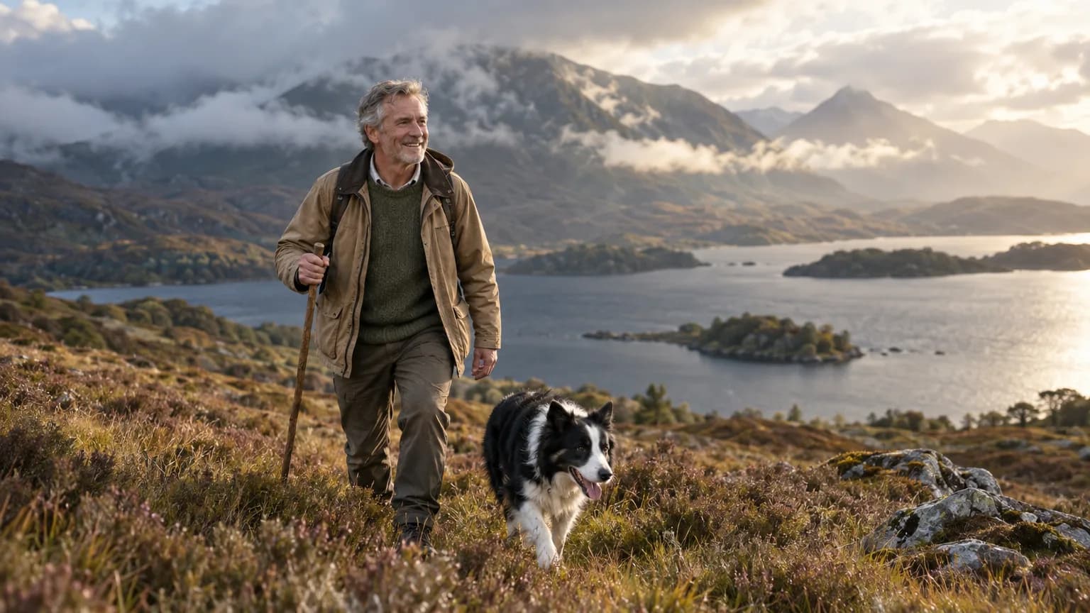 A man walking a heather moor in the Scottish Highlands with a border collie