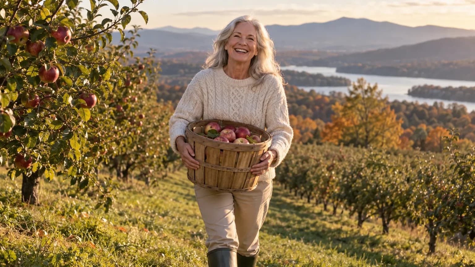 A woman carrying a basket of apples through a Hudson Valley orchard in October