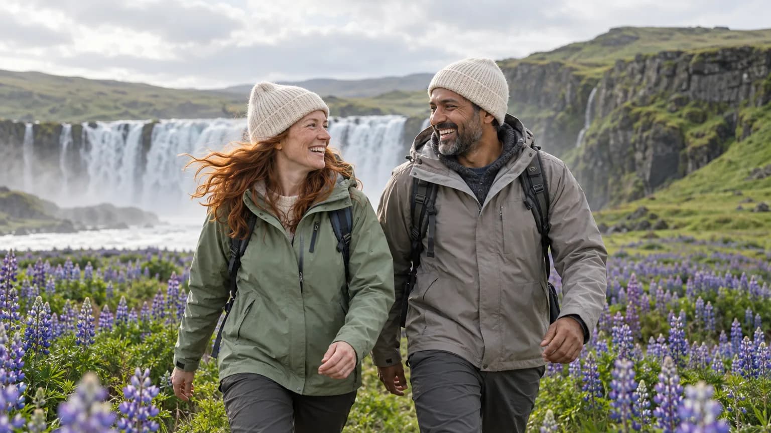 A couple walking through a field of lupines in Iceland with a waterfall behind them