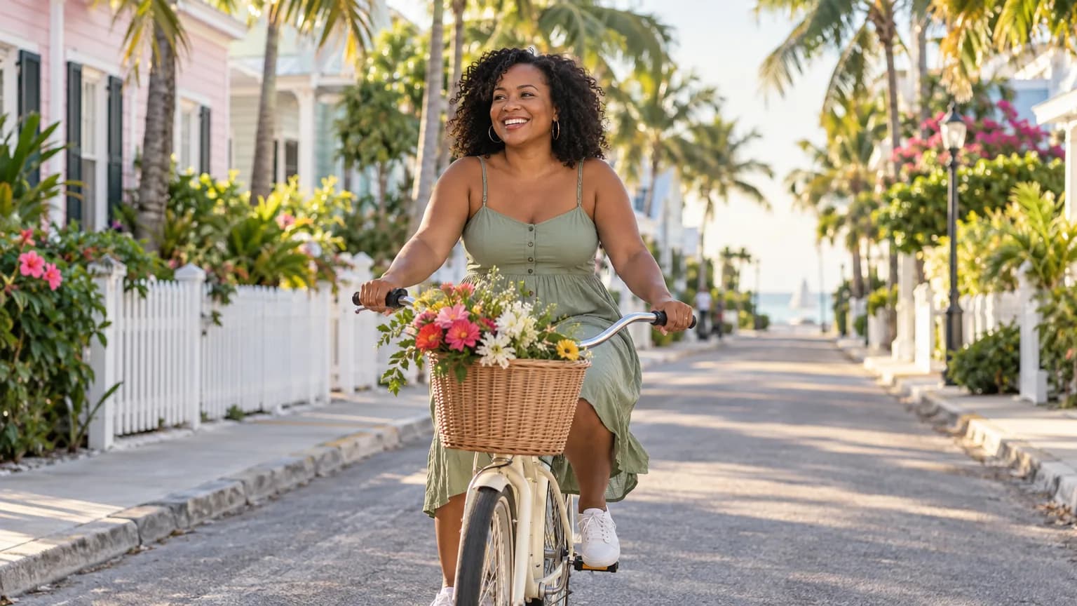 A woman riding a cruiser bicycle down a palm-lined Key West street
