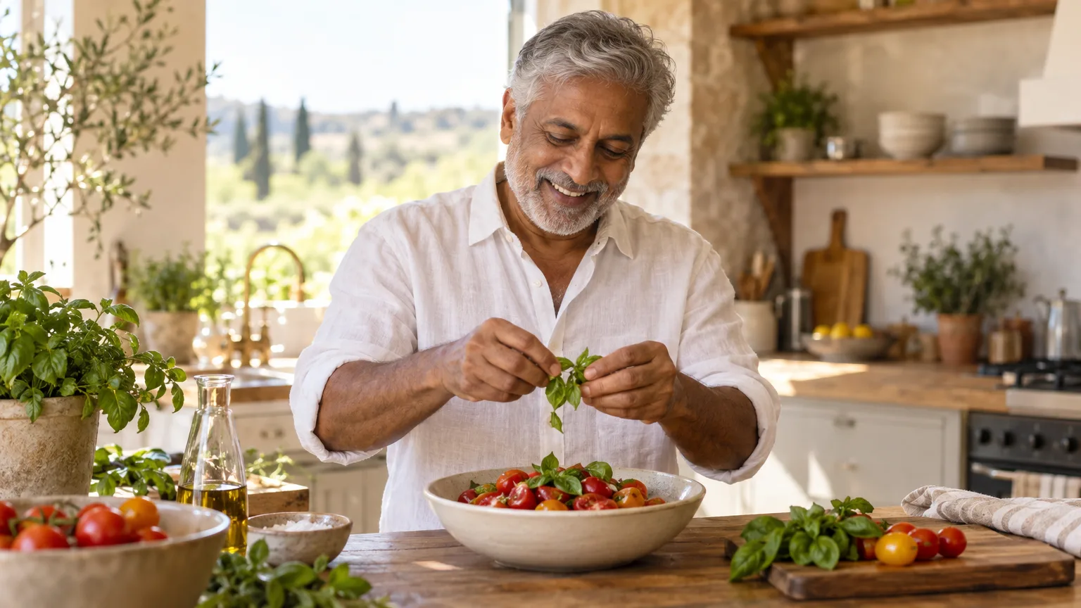A man slicing fresh vegetables and herbs on a cutting board in a sunlit kitchen