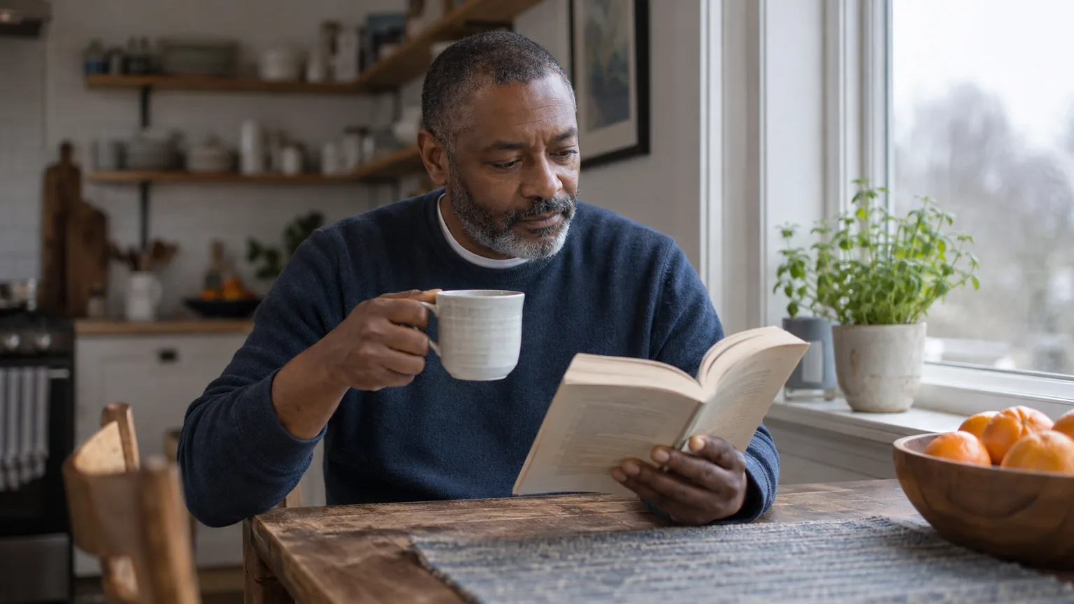 A man reading a paperback with a mug of coffee at a kitchen table beside a window