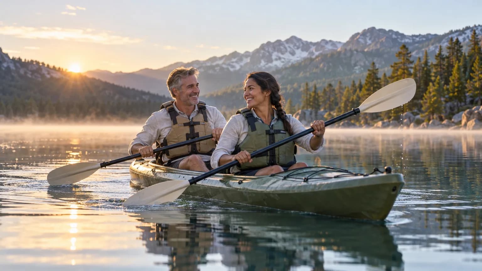 A couple paddling a tandem kayak across a still alpine lake at sunrise