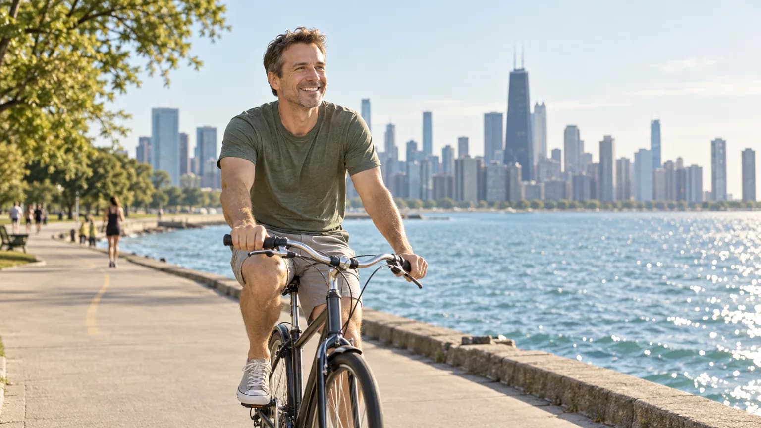 A man cycling the Chicago Lakefront Trail with the skyline across the water