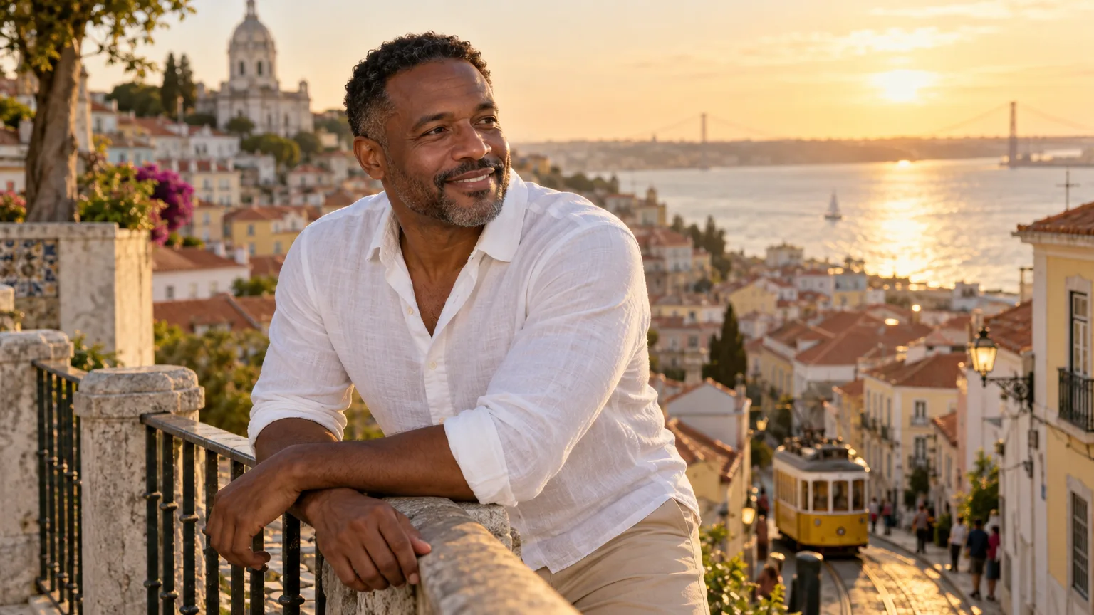 A man leaning on the railing of a Lisbon viewpoint at golden hour