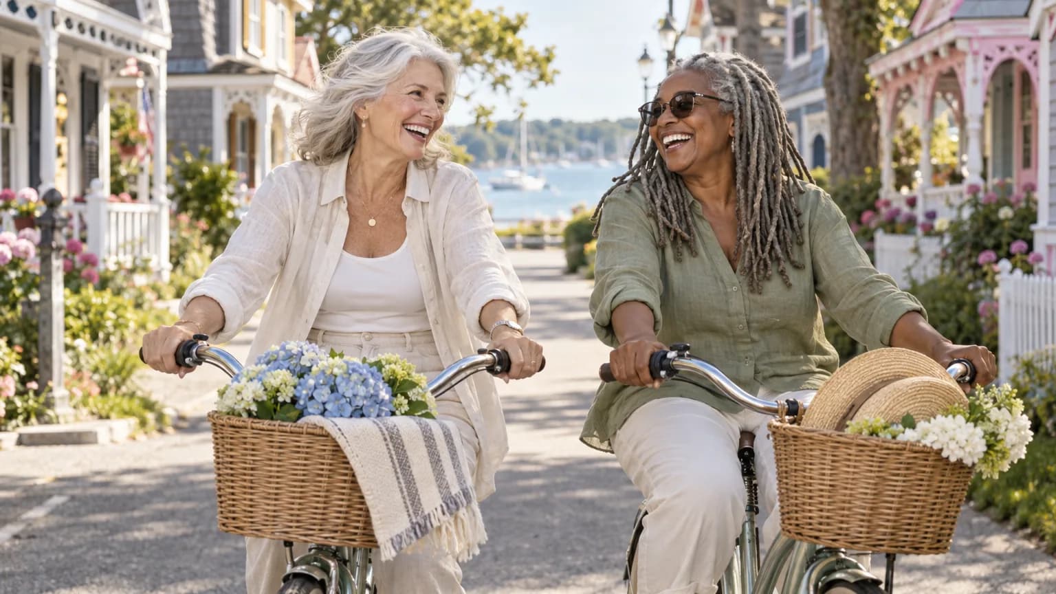 Two women riding bicycles past the gingerbread cottages of Oak Bluffs on Martha's Vineyard