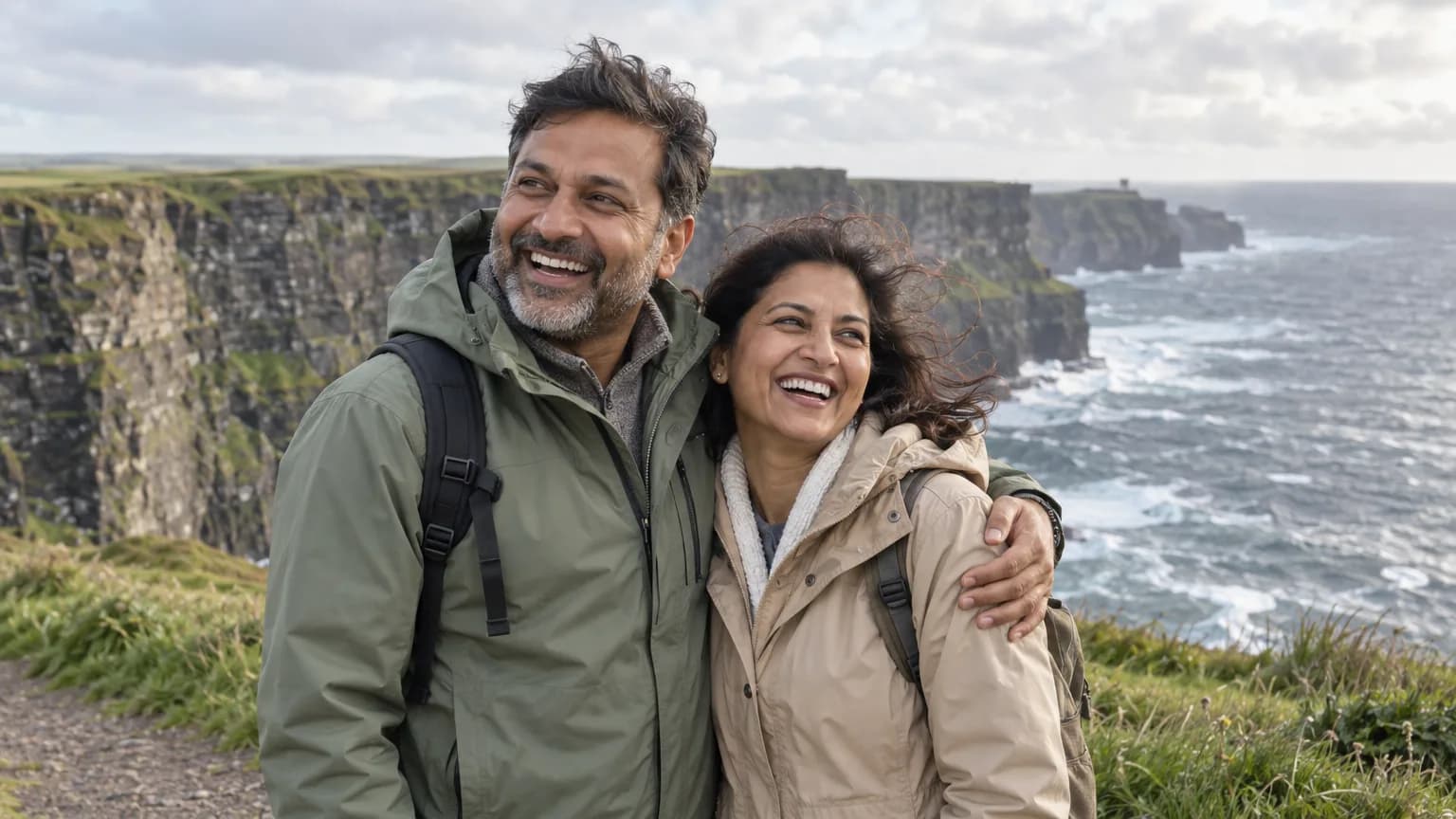 A couple on the clifftop path at the Cliffs of Moher in Ireland