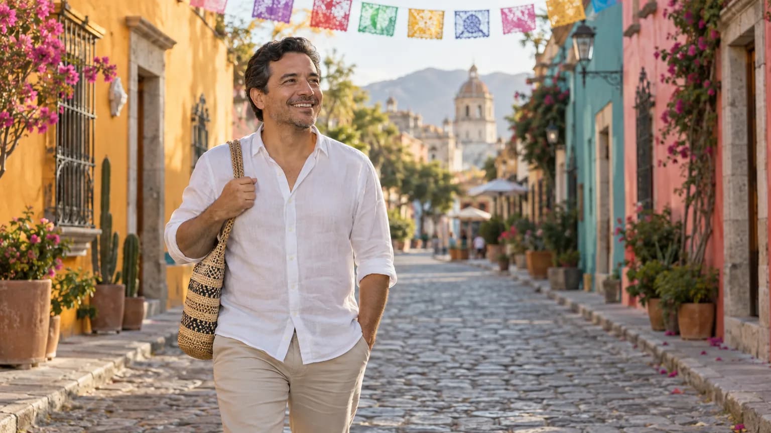A man walking a colorful cobbled street in Oaxaca