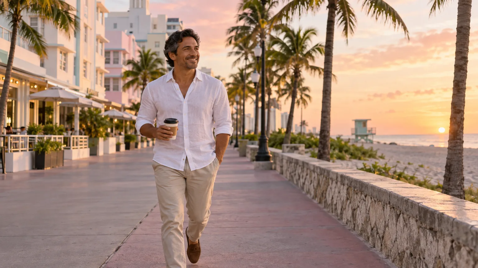 A man walking along Ocean Drive in Miami at sunrise with a coffee