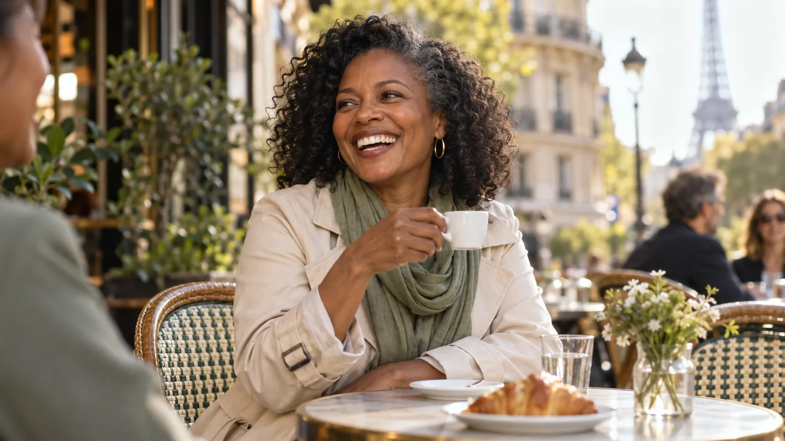 A woman laughing over an espresso at a Paris cafe terrace