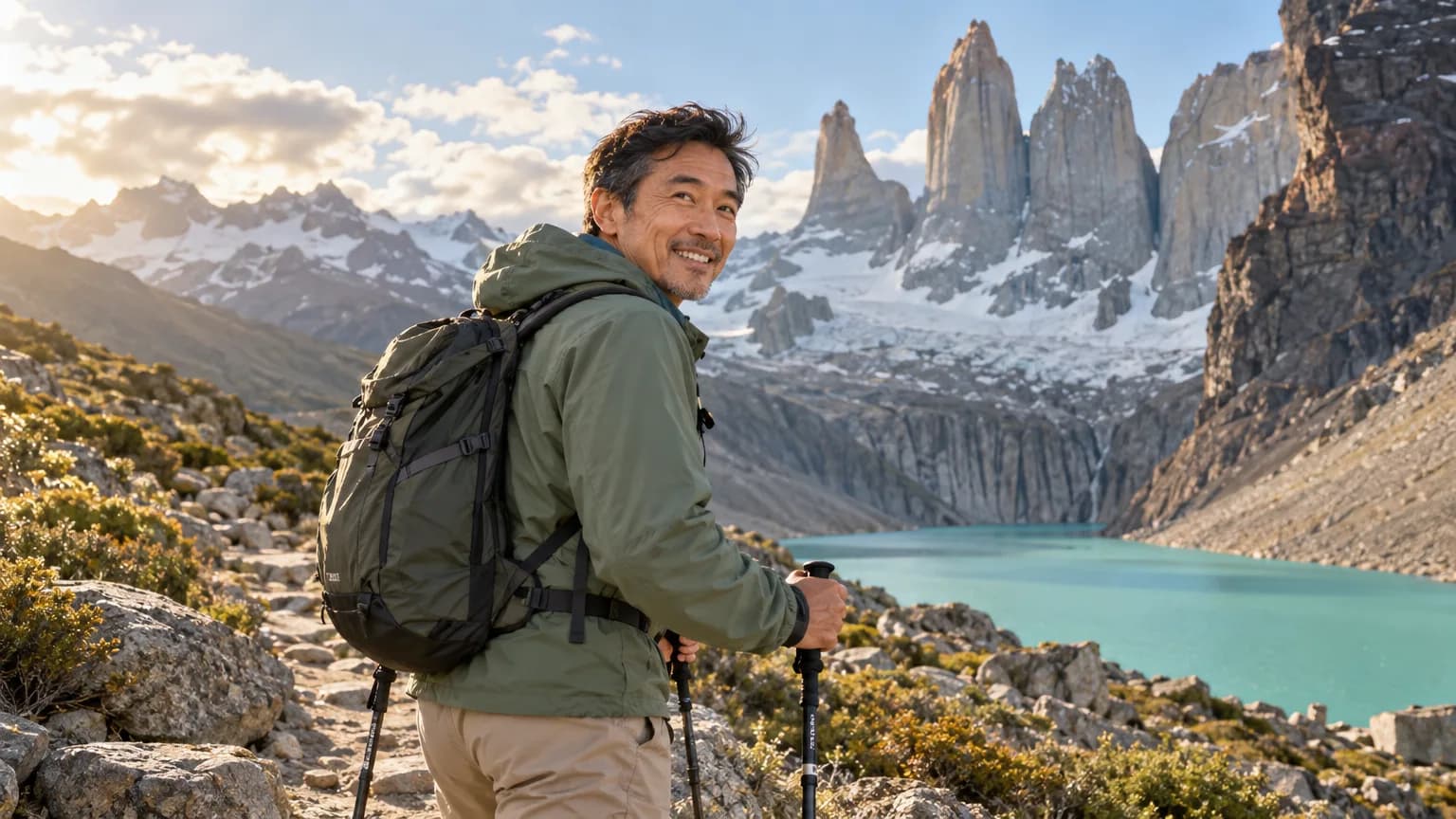 A man hiking a trail in Torres del Paine, Patagonia