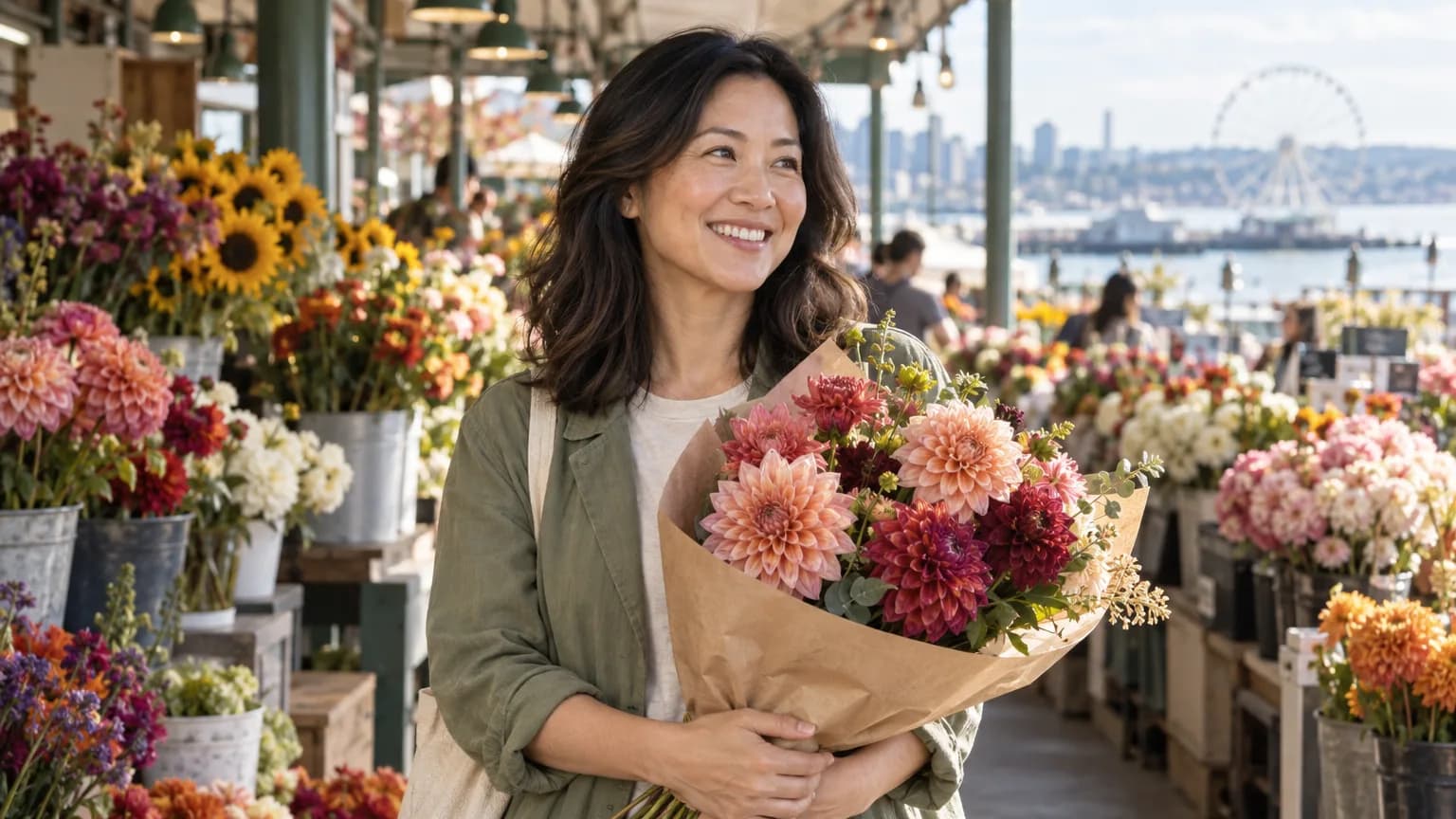 A woman holding a bouquet of dahlias at a flower stall in Pike Place Market