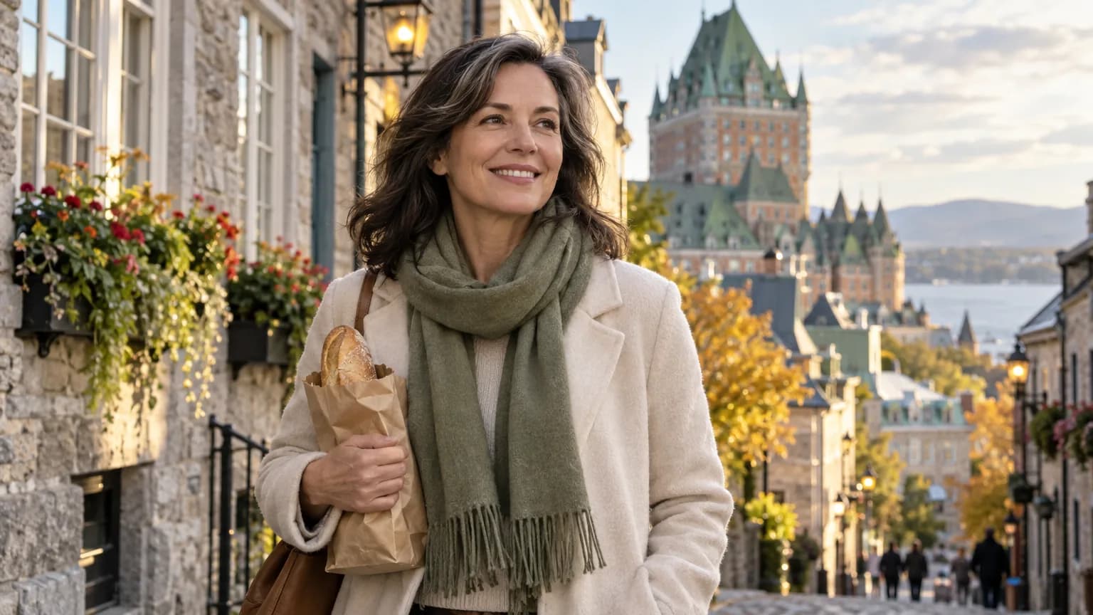 A woman walking a cobbled street in Old Quebec in autumn