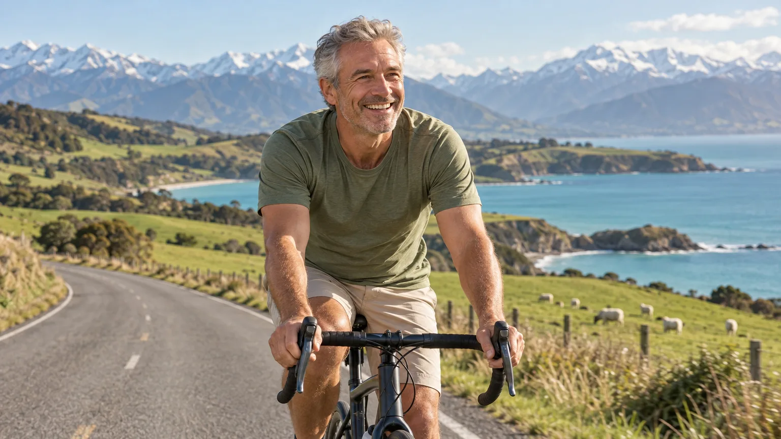 A man cycling an empty coastal road in New Zealand