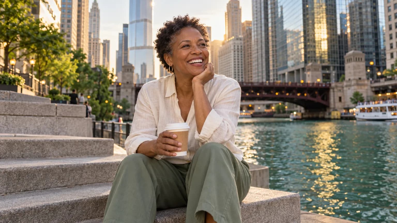 A woman with a coffee on the steps of the Chicago Riverwalk
