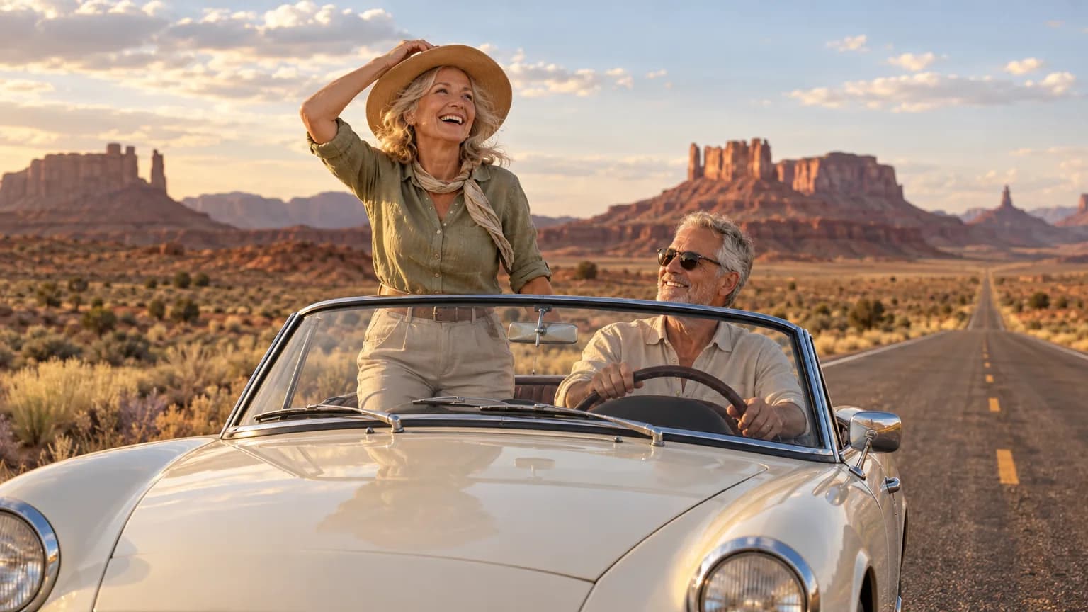 A couple in a vintage convertible pulled over on a desert highway in Arizona