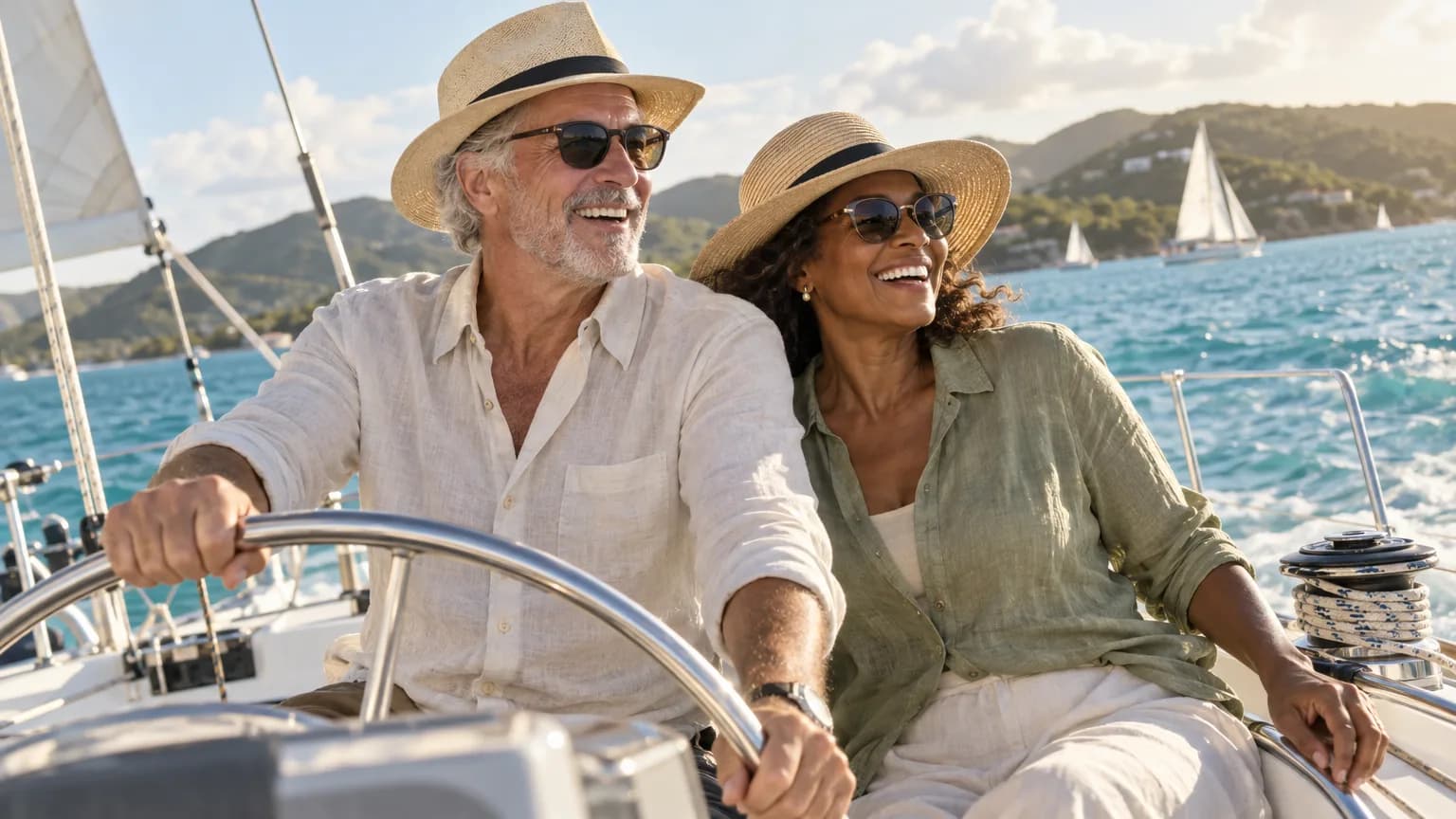 A couple on the deck of a sailboat in the British Virgin Islands