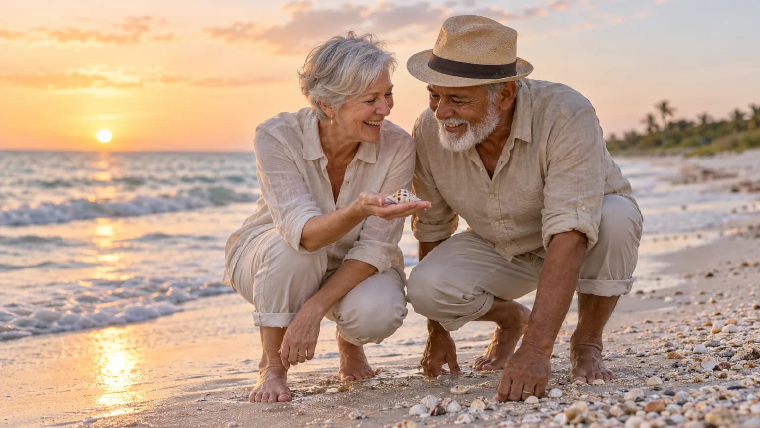 A couple looking at a shell on Sanibel Island beach at sunrise