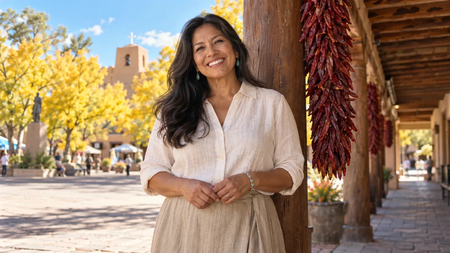 A woman under the adobe portal of the Santa Fe plaza with strings of red chiles beside her