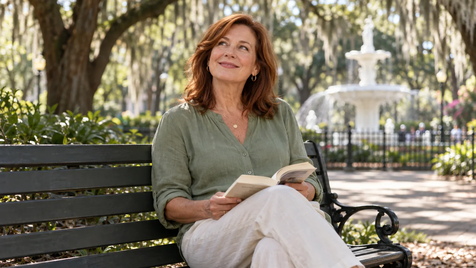 A woman reading on a bench under live oaks in Forsyth Park in Savannah