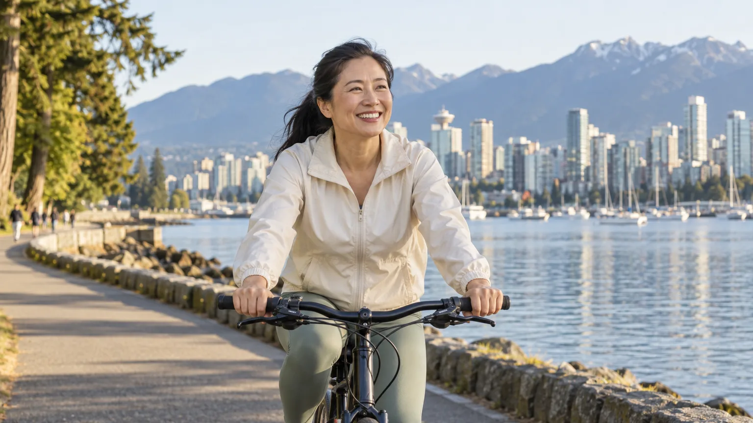 A woman cycling the Stanley Park seawall in Vancouver