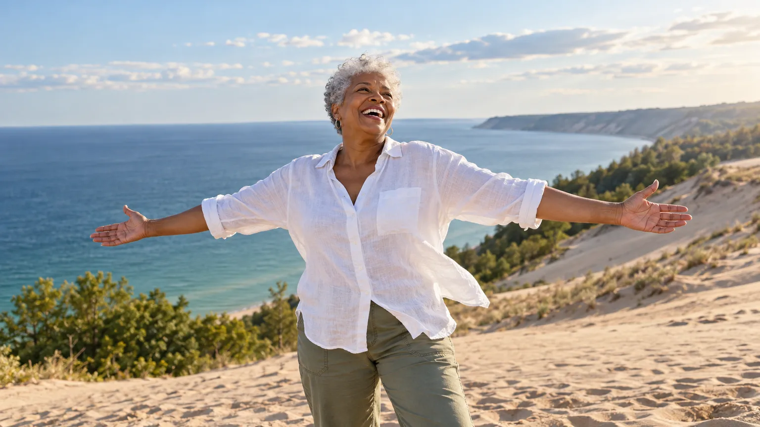 A woman with her arms wide at the Sleeping Bear Dunes overlook above Lake Michigan
