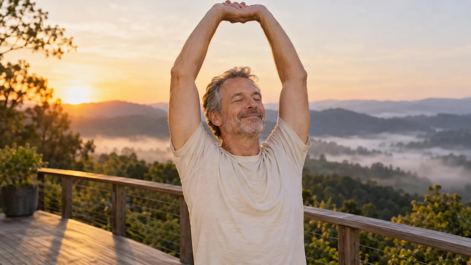 A woman stretching on an outdoor balcony at sunrise after waking up